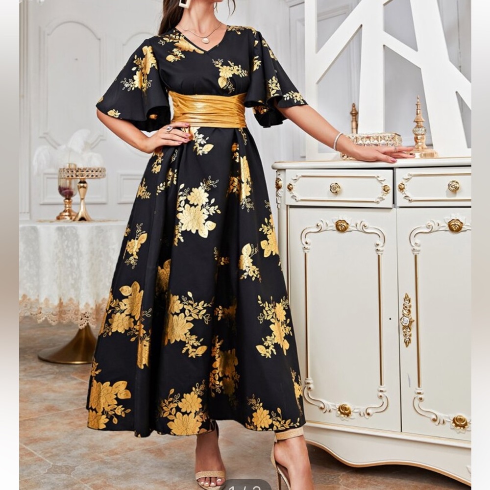 Golden Floral Print Flutter Sleeve Belted Dress